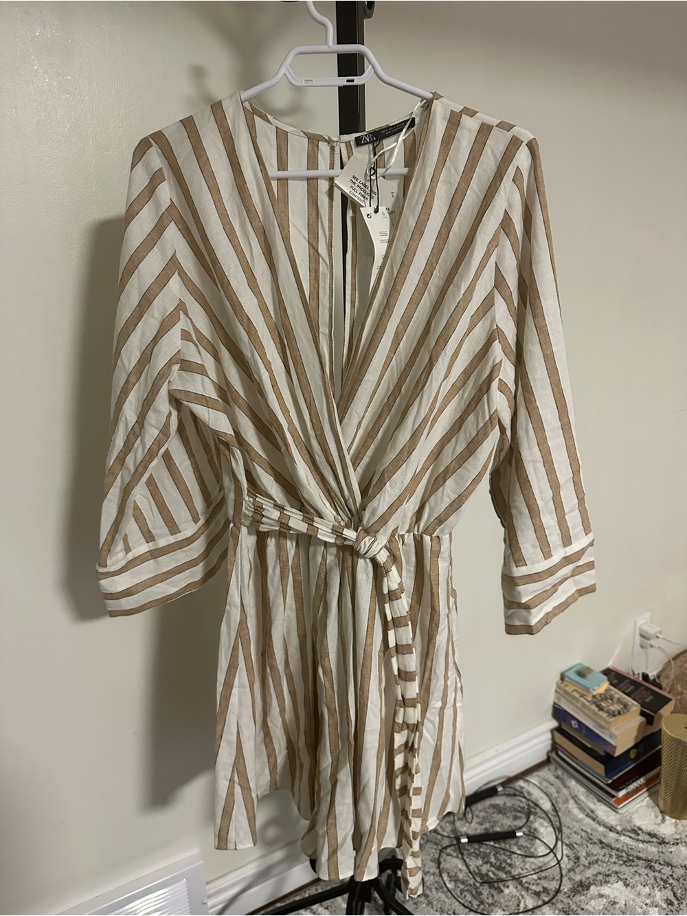 Zara White and Tan Striped Wrap Jumpsuit Romper